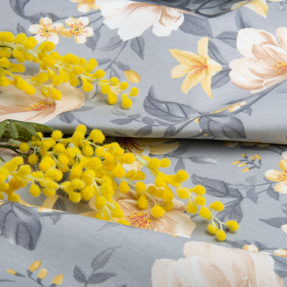 Тканина декоративна бавовна з водовідштовхувальним просоченням для скатертин, штор, декору V-10 Лілія на сірому, фото 4