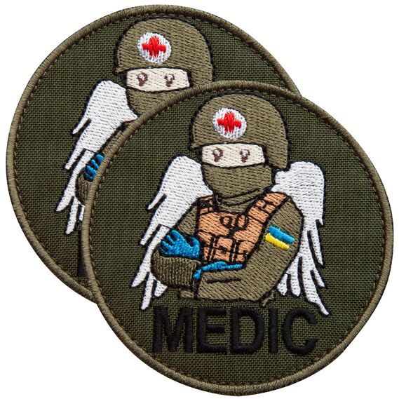 Набор шевронов 2 шт на липучке MEDIC хаки 7,5х7,5 см, вышитый патч шеврон нашивка медика, медицинский, медик, фото 1