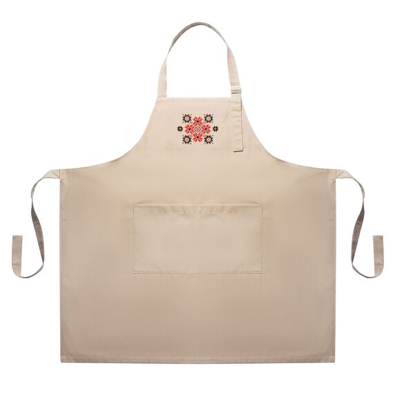 Фартук универсальный с этно вышивкой и карманом, водоотталкивающий, хлопок, большой размер, для женщин и мужчин. беж, фото 1