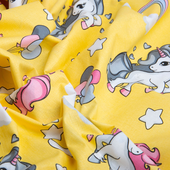 Тканина бязь ранфорс для постільної білизни, бавовна, 130 гр/м2, 240 см 8919 Єдиноріг жовтий, фото 2 Тканина бязь ранфорс для постільної білизни, бавовна, 130 гр/м2, 240 см 8919 Єдиноріг жовтий, фото 2