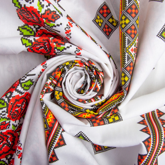 Тканина бязь ранфорс для постільної білизни, бавовна, 130 гр/м2, 240 см 23R-14526 вишивка червоно/салат., фото 1