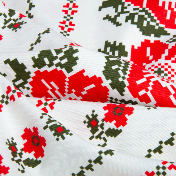 Тканина декоративна скатерна бавовна з водовідштовхувальним просоченням, 180 см, 220 гр/м2, для скатертин, штор, декору вишивка червоно/чорна, фото 3