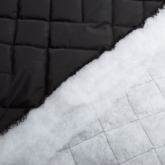 Ткань подкладочная стеганная утеплитель 7,5x7,5 см, синтепон 100 + спанбонд, плащевой однотонный, 140 см, 210 гр/м2 чорна, фото 3