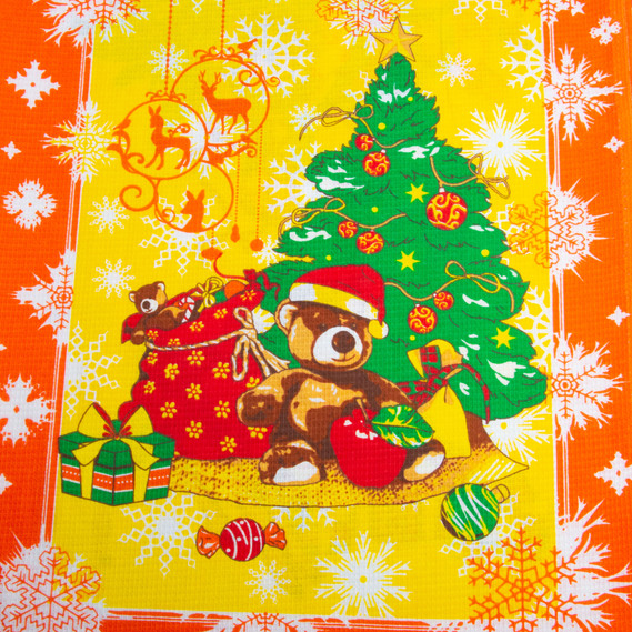 Towel waffle fabric New Year`s Greetings, 150 cm wide, 160 g/m², yellow/orange color, фото 2 Towel waffle fabric New Year`s Greetings, 150 cm wide, 160 g/m², yellow/orange color, фото 2