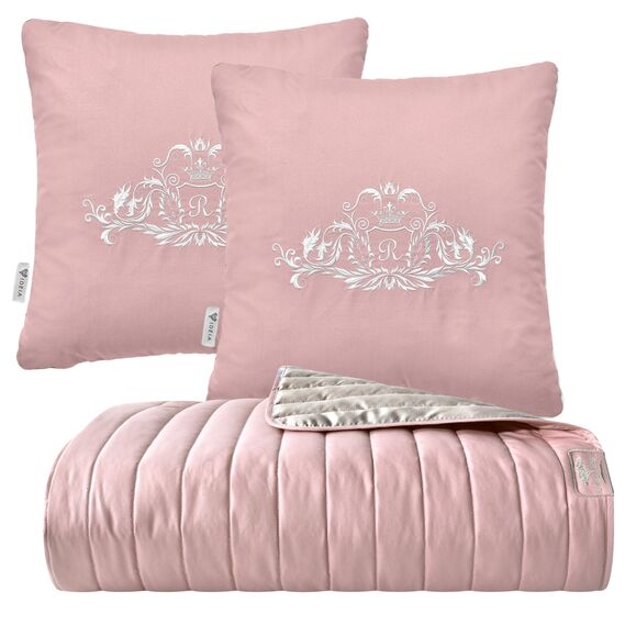 Покрывало на кровать 220х240 см и 2 шт подушка декор с вышивкой IDEIA двухстороннее, прочная стежка ткани, антиаллергенное волоконо пудра/сірий, фото 1