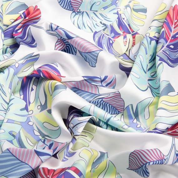 Тканина для одягу Атлас шовк з малюнком, 145 см, 90 гр/м2, ніжна, легка тканина монстера біла, фото 3