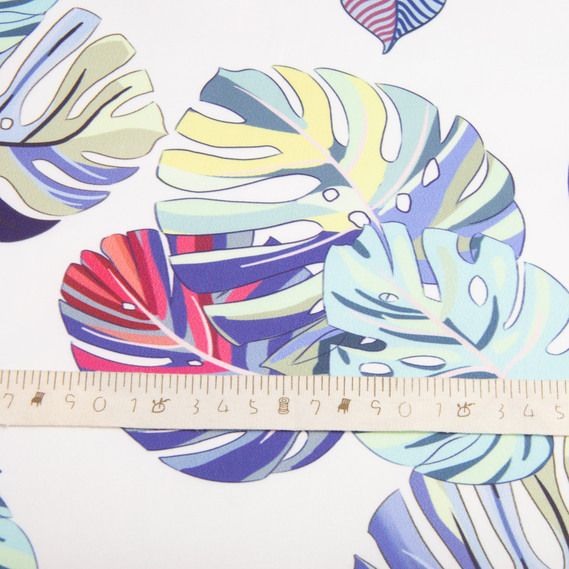 Тканина для одягу Атлас шовк з малюнком, 145 см, 90 гр/м2, ніжна, легка тканина монстера біла, фото 5