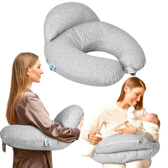 Подушка для годування диванчик 60х70х16 см бавовна антиалергенне волокно, для зручності мами, з блискавкою кошенята сіра, фото 1