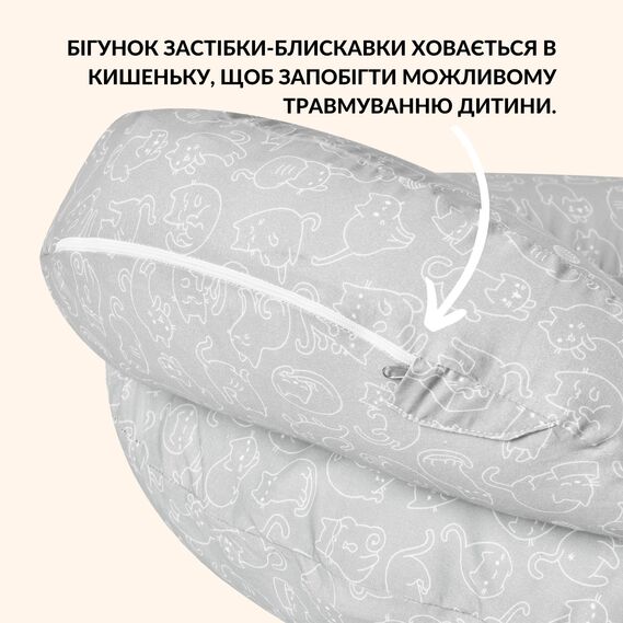 Подушка для годування диванчик 60х70х16 см бавовна антиалергенне волокно, для зручності мами, з блискавкою кошенята сіра, фото 3