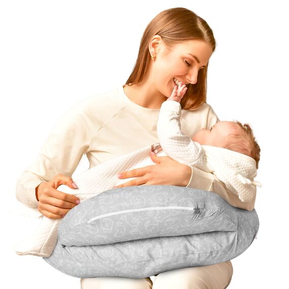 Подушка для годування диванчик 60х70х16 см бавовна антиалергенне волокно, для зручності мами, з блискавкою кошенята сіра, фото 4