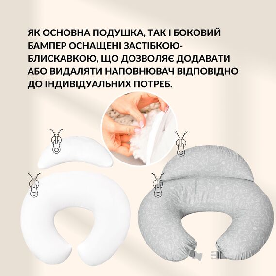Подушка для годування диванчик 60х70х16 см бавовна антиалергенне волокно, для зручності мами, з блискавкою кошенята сіра, фото 5