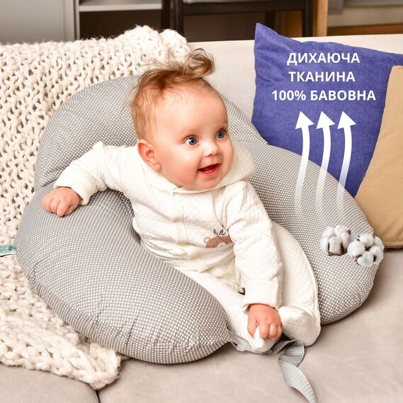 Подушка для годування диванчик 60х70х16 см бавовна антиалергенне волокно, для зручності мами, з блискавкою кошенята сіра, фото 10