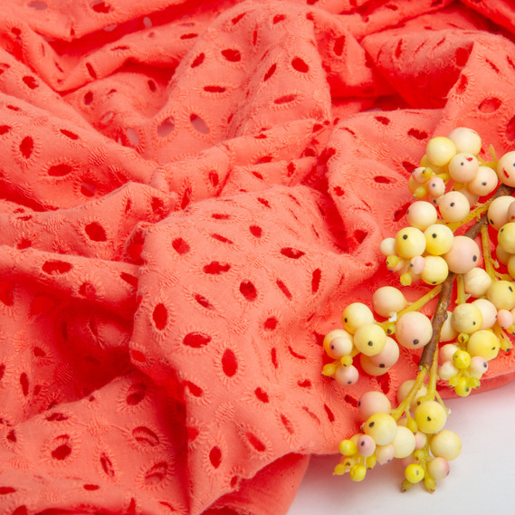 Batiste broderie fabric Lola, 130 cm wide, 130 g/m², cotton, natural fabric suitable for clothing корал, фото 3