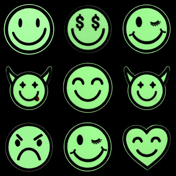 Glow-in-the-Dark Smiley Patch Set 9 pcs, Embroidered Hook-Backed Patches 3 cm, Tactical Morale Patches, фото 1