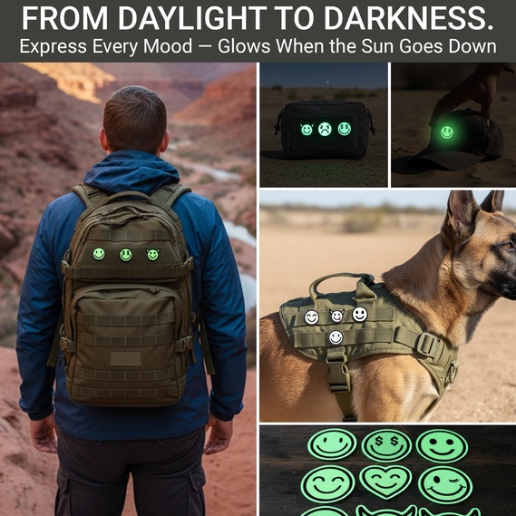 Glow-in-the-Dark Smiley Patch Set 9 pcs, Embroidered Hook-Backed Patches 3 cm, Tactical Morale Patches, фото 6