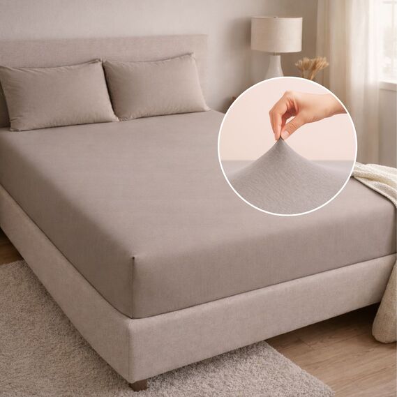 Простирадло трикотажне 160х200х35 см на резинці IDEIA еластичне, трикотаж, бавовна сірий/беж, фото 1