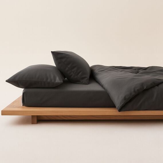 Комплект постільної білизни IDEIA євро 200х220 сатин бавовна преміум з трикотажним простирадлом на резинці на матрац 140/160х200 см у коробці т/сірий, фото 1