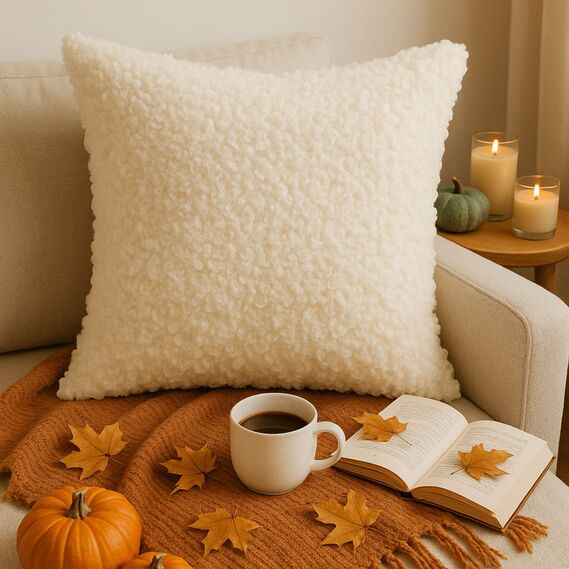 Подушка декоративна IDEIA 55х55 см з штучного хутра, гіпоалергенна  молоко, фото 1