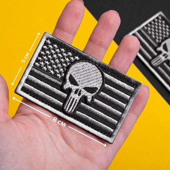 Embroidered Patch with Hook US Flag Punisher Skull Gray 5х8 cm Tactical Morale Patch, фото 2