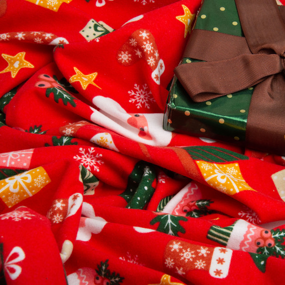 Cotton flannel fabric 240 cm wide 155 g/m2, children`s print soft fabric suitable for bedding and baby swaddles Санта на червоному, фото 4