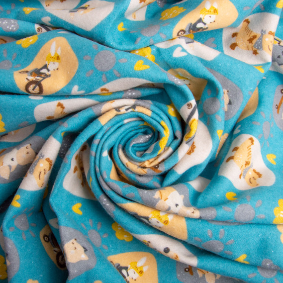 Тканина фланель бавовна 240 см 155 гр/м2, дитячий принт, м`яка тканина для постільної білизни, пелюшок Звірята на блакитному, фото 1