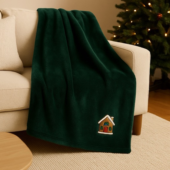 Плед покривало велсофт 170х210 см, надзвичайно м’який, з різдвяною вишивкою смарагд будиночок, фото 1