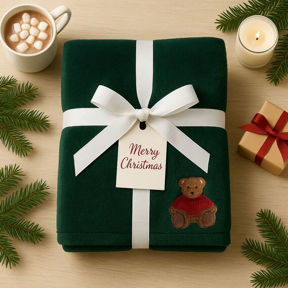 Плед покривало велсофт 170х210 см, надзвичайно м’який, з різдвяною вишивкою смарагд ведмедик, фото 1