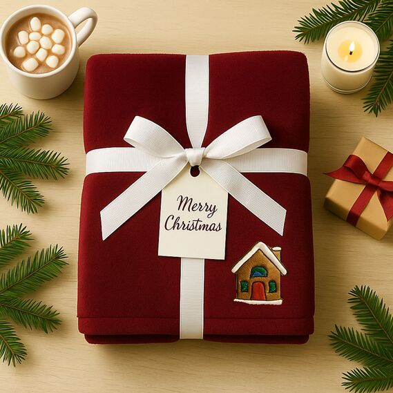 Плед покрывало велсофт 170х210 см супер мягкий с вышивкой рождественской бордо будиночок, фото 1