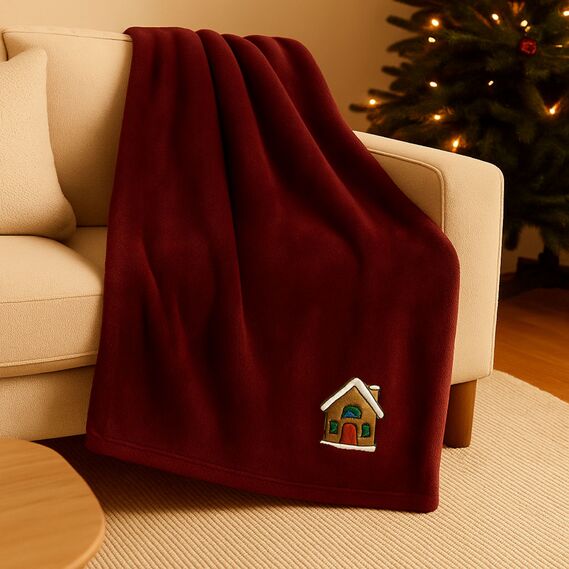 Плед покрывало велсофт 170х210 см супер мягкий с вышивкой рождественской бордо будиночок, фото 2