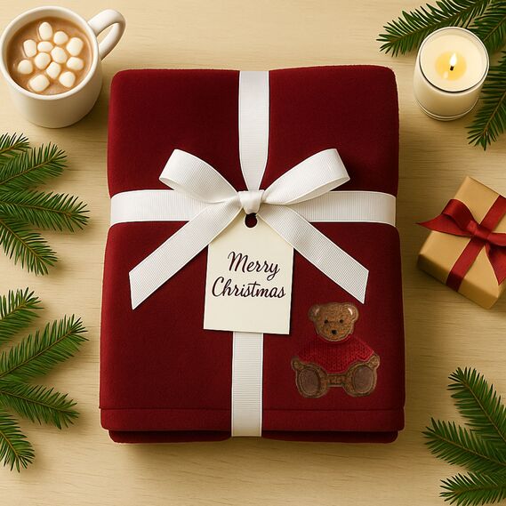 Плед покрывало велсофт 170х210 см супер мягкий с вышивкой рождественской бордо ведмедик, фото 1