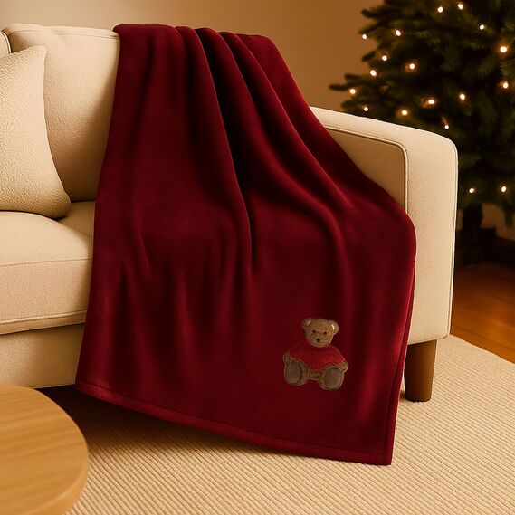 Плед покрывало велсофт 170х210 см супер мягкий с вышивкой рождественской бордо ведмедик, фото 2