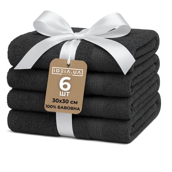 Набір рушників 6 шт 30х30 см махрових щіл 550 натуральна бавовна, серветка, рушник т/сірий, фото 1