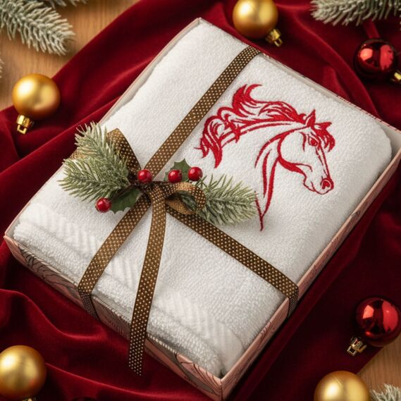 Рушник з вишивкою конячки Рік Коня 50х90 см у подарунковій упаковці, бавовна коник червоний, фото 2