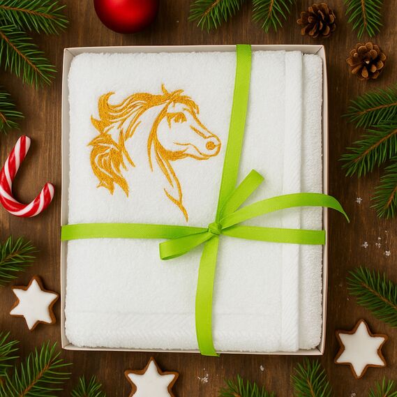 Рушник з вишивкою конячки Рік Коня 50х90 см у подарунковій упаковці, бавовна коник жовтий, фото 1