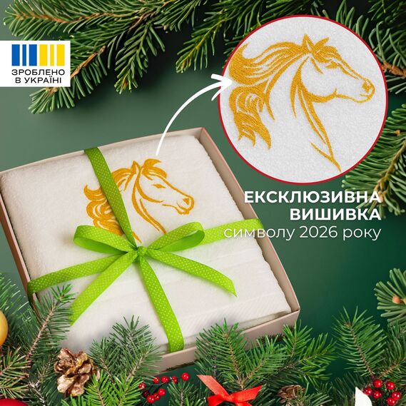 Рушник з вишивкою конячки Рік Коня 50х90 см у подарунковій упаковці, бавовна коник жовтий, фото 2