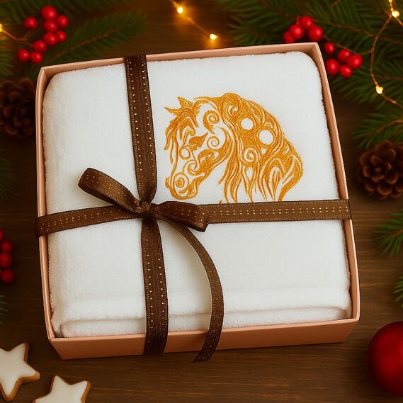 Рушник з вишивкою конячки Рік Коня 50х90 см у подарунковій упаковці, бавовна коник жовтий різдвяний, фото 1