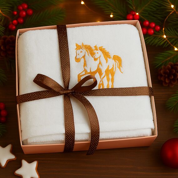 Рушник з вишивкою конячки Рік Коня 50х90 см у подарунковій упаковці, бавовна коники жовті, фото 1