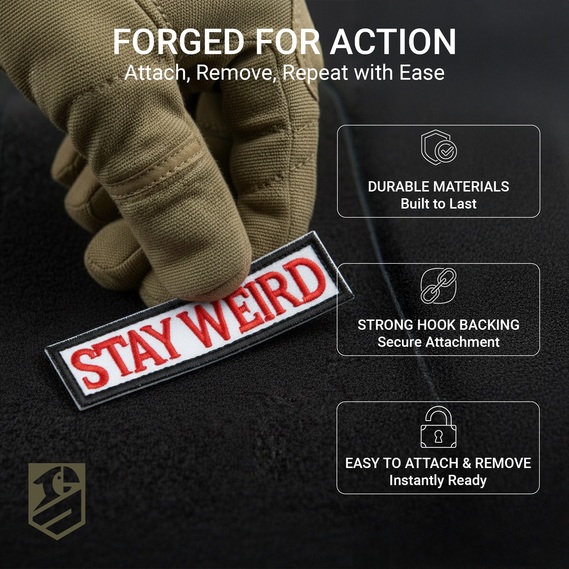 Набір з 2 нашивок "Stay Weird" (Залишайся дивним), вишиті, на липучці (гачок/петля), кумедні моральні нашивки для тактичного жилета, рюкзака, куртки, шлейки для собак, військового спорядження, фото 3