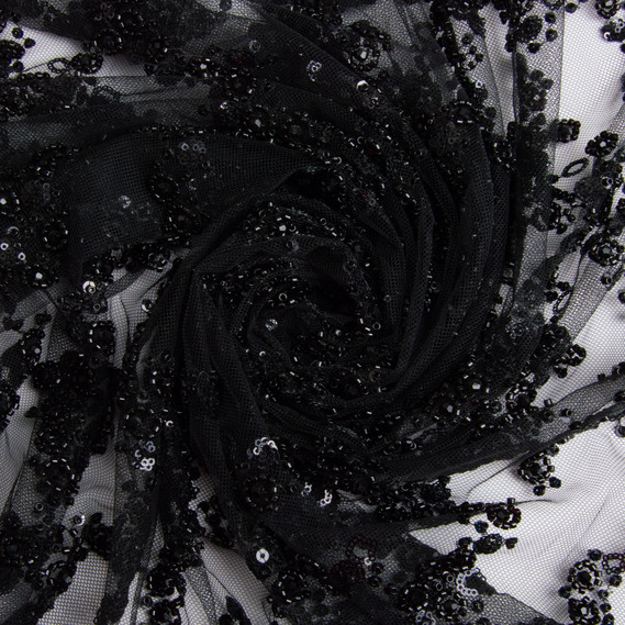 Ткань гипюр бисер, нарядная ткань, ткань для вечерних платьев, блестящая ткань чорна, фото 1