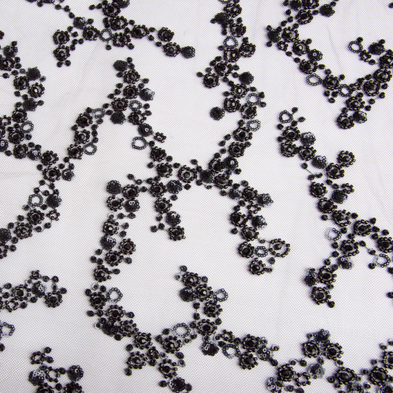 Ткань гипюр бисер, нарядная ткань, ткань для вечерних платьев, блестящая ткань чорна, фото 2