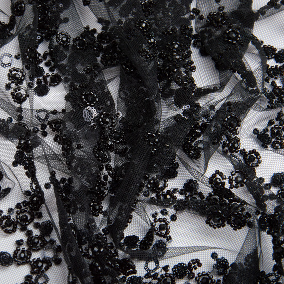 Ткань гипюр бисер, нарядная ткань, ткань для вечерних платьев, блестящая ткань чорна, фото 3
