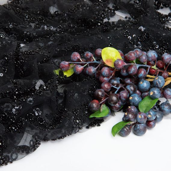 Ткань гипюр бисер, нарядная ткань, ткань для вечерних платьев, блестящая ткань чорна, фото 4