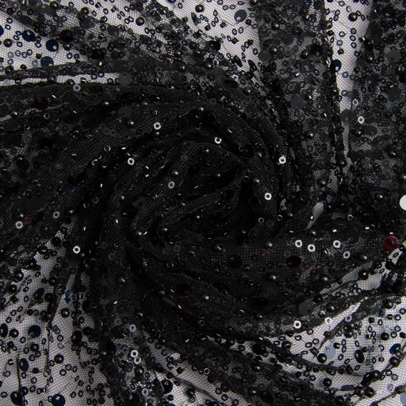 Тканина Сітка Бісер пайетка чорна, тканина для вечірніх суконь, фото 1