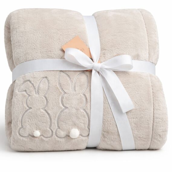 Плед покривало велсофт 170х210 см, надзвичайно м’який, з вишивкою сірий беж, фото 1