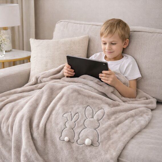 Плед покривало велсофт 170х210 см, надзвичайно м’який, з вишивкою сірий беж, фото 3