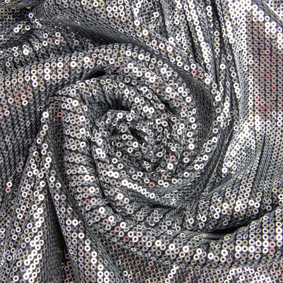Sequin knit fabric 140 cm wide 195 g/m2, suitable for evening dresses, suits, skirts, and stage wear срібло/чорна, фото 1