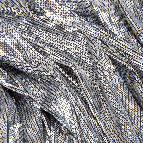 Sequin knit fabric 140 cm wide 195 g/m2, suitable for evening dresses, suits, skirts, and stage wear срібло/чорна, фото 3