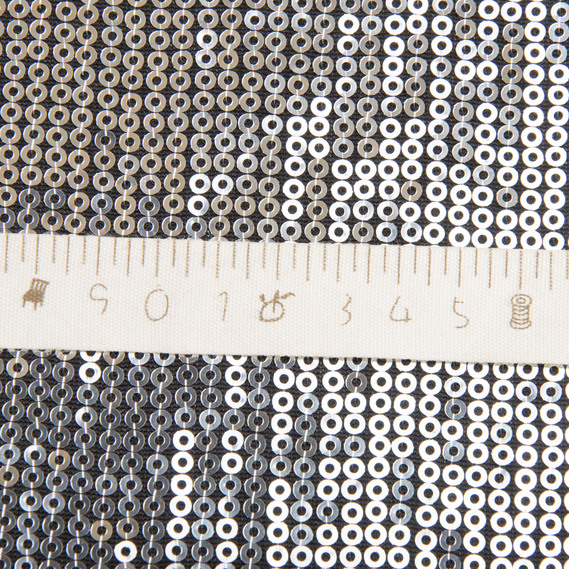Sequin knit fabric 140 cm wide 195 g/m2, suitable for evening dresses, suits, skirts, and stage wear срібло/чорна, фото 5