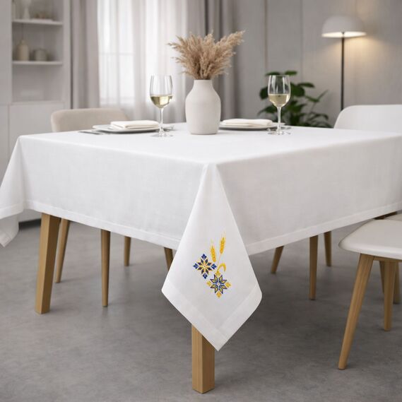 Набір подарунковий преміальний скатертина 150х220 см + 6 серветок 40х40 см з вишивкою у подарунковій упаковці білий, фото 1