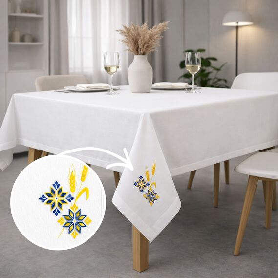 Набір подарунковий преміальний скатертина 150х220 см + 6 серветок 40х40 см з вишивкою у подарунковій упаковці білий, фото 6